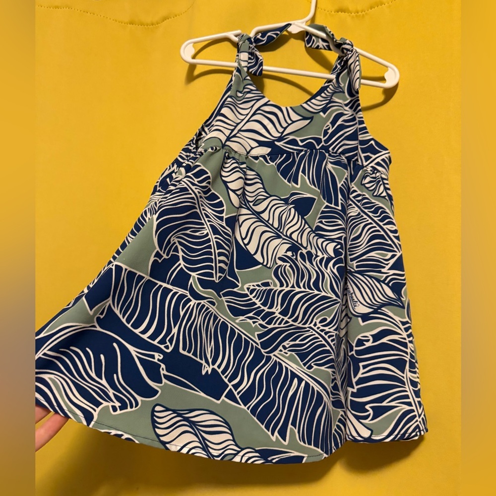 Manuhealii Navy and Sage Leaf Print Girl’s Dress